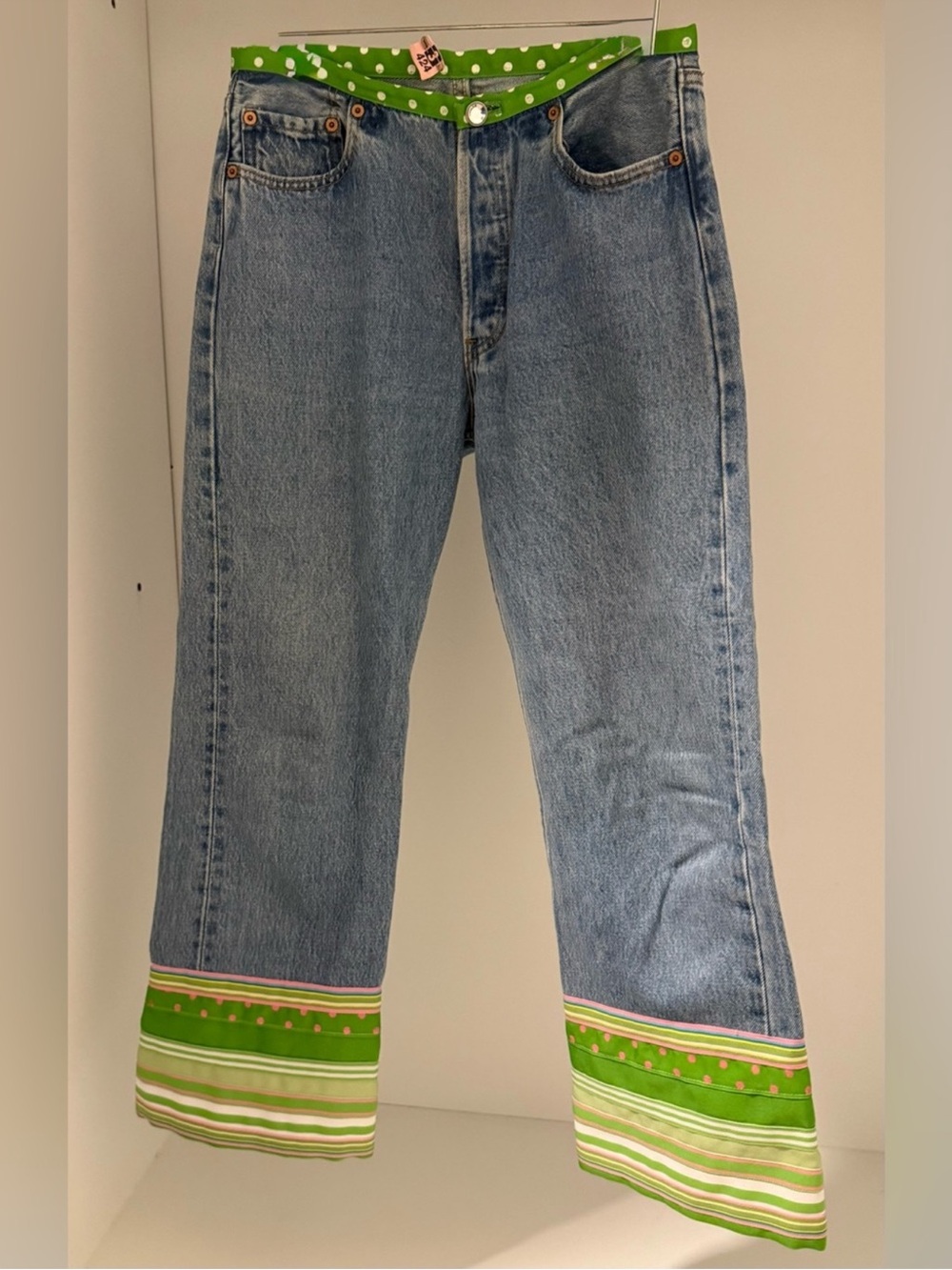 Levi's Light Blue Jeans with Green Patterned Hem with crystals